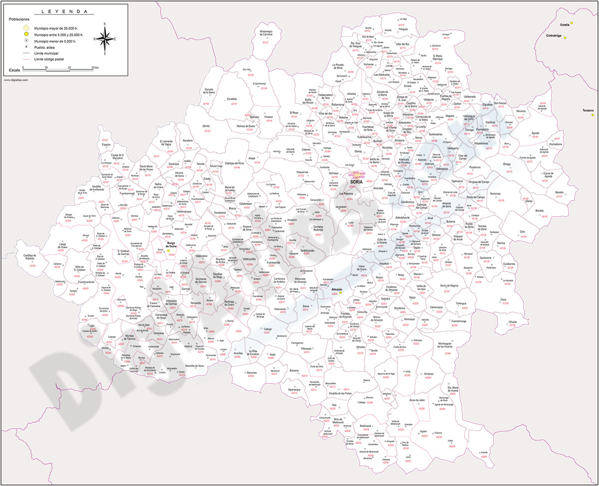 Soria - mapa provincial con municipios y Códigos Postales