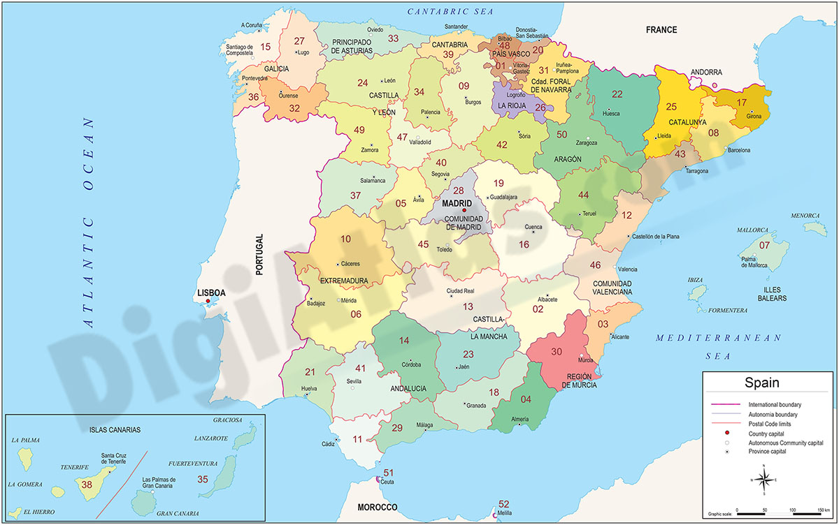 Map of Spain with autonomous communities, provinces and 2-digit postal code