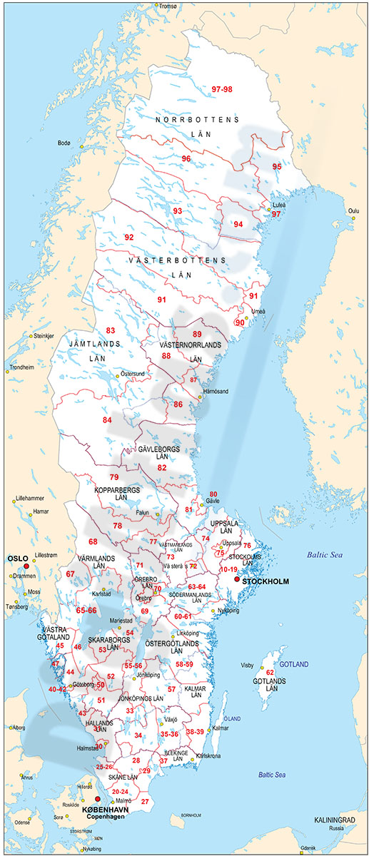 Mapa de Suecia con regiones y codigos postales