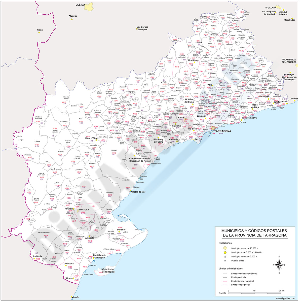 Tarragona - mapa provincial con municipios, códigos postales y habitantes