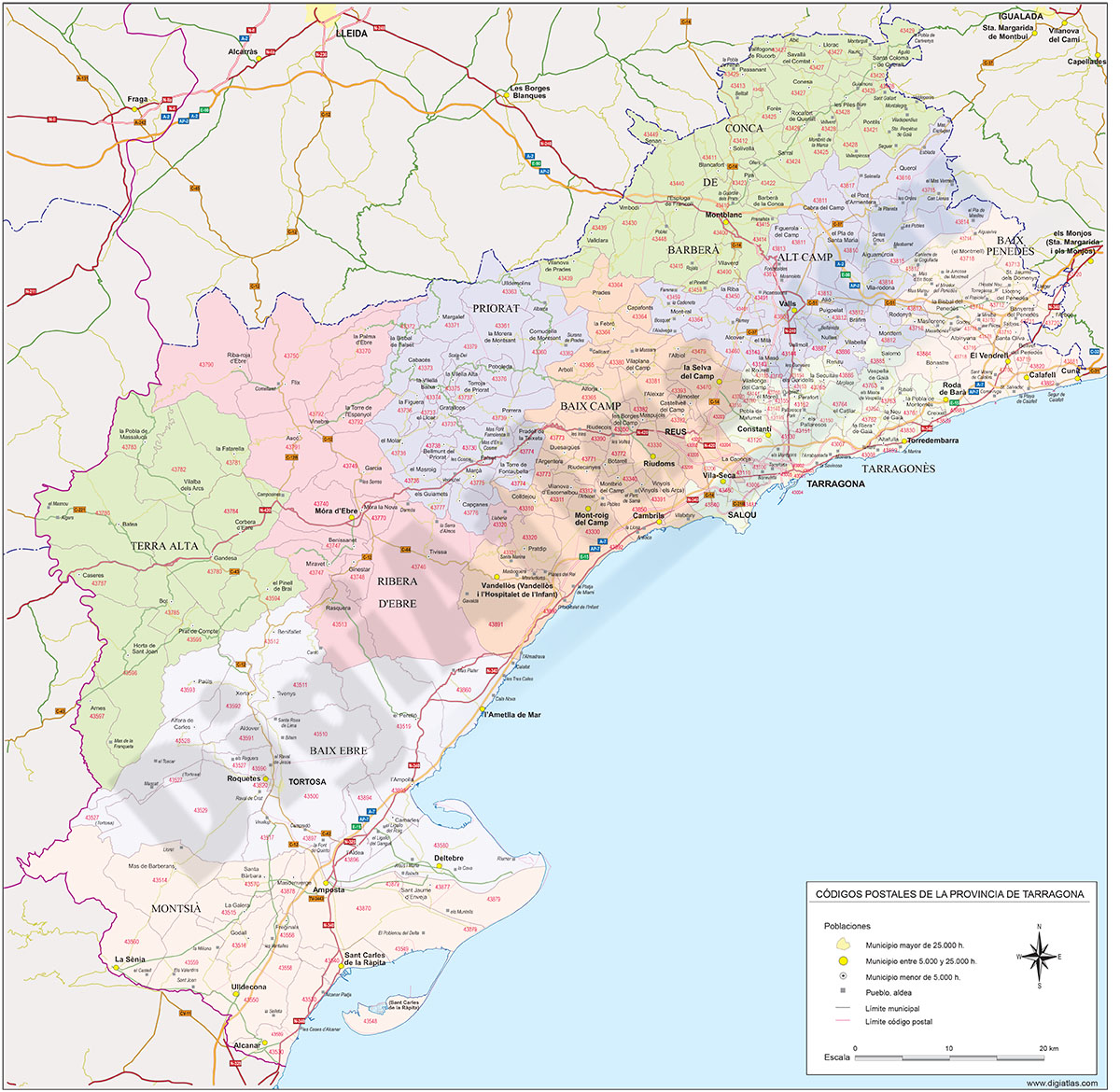 Tarragona - mapa provincial con municipios, comarcas y códigos postales