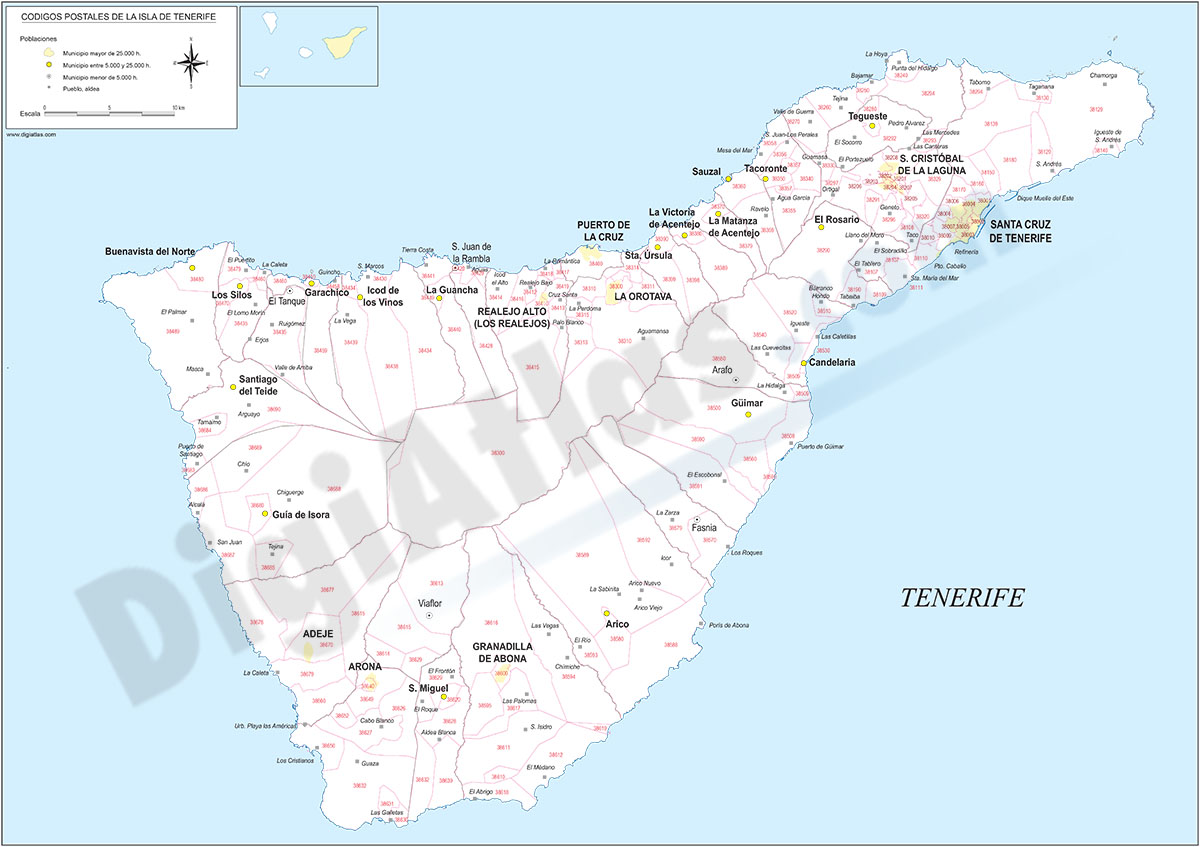 Tenerife - mapa de la isla con municipios y Códigos Postales