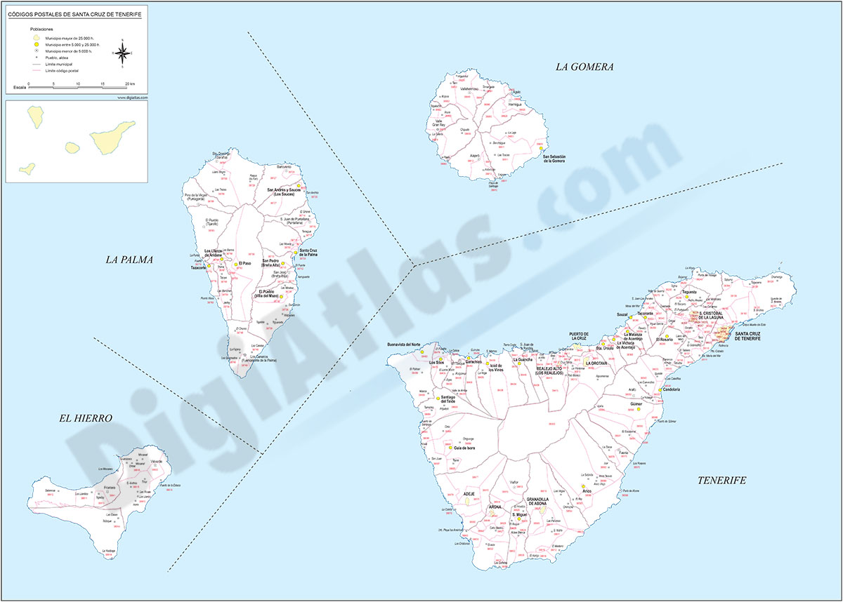 Santa Cruz de Tenerife - mapa provincial con municipios y Códigos Postales