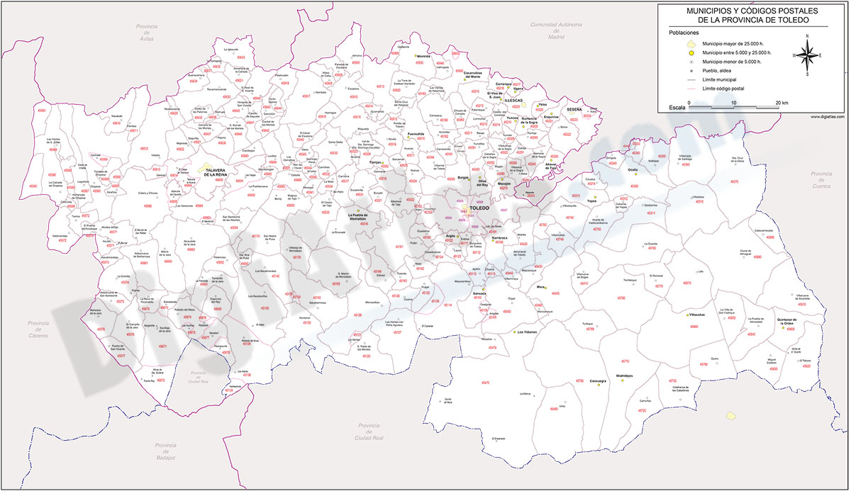 Toledo - mapa provincial con municipios y Códigos Postales