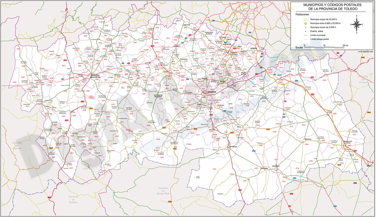 Toledo - mapa provincial con códigos postales y carreteras