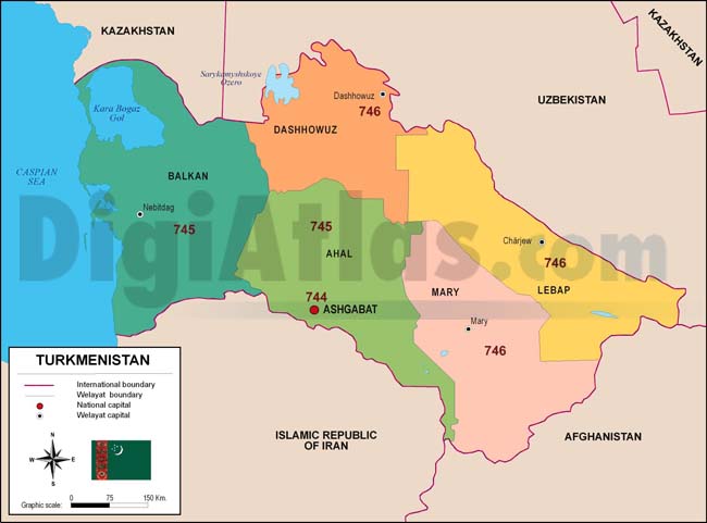 Mapa de Turkmenistán con regiones y codigos postales