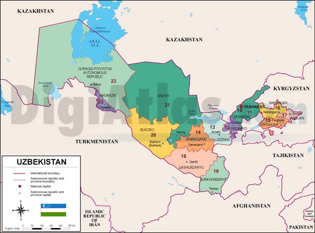 Mapa de Uzbekistán con regiones y codigos postales
