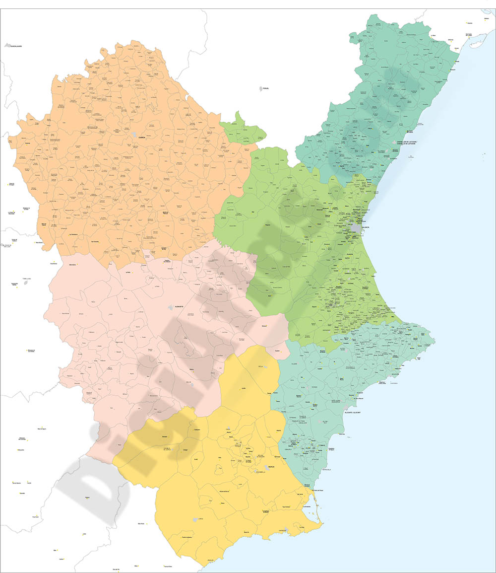 Comunidad Valenciana, Murcia, Cuenca y Albacete - mapa de municipios