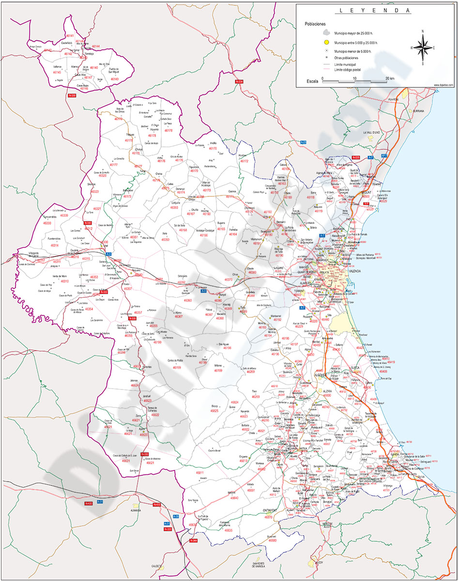 Valencia - mapa provincial con municipios, Códigos Postales y carreteras