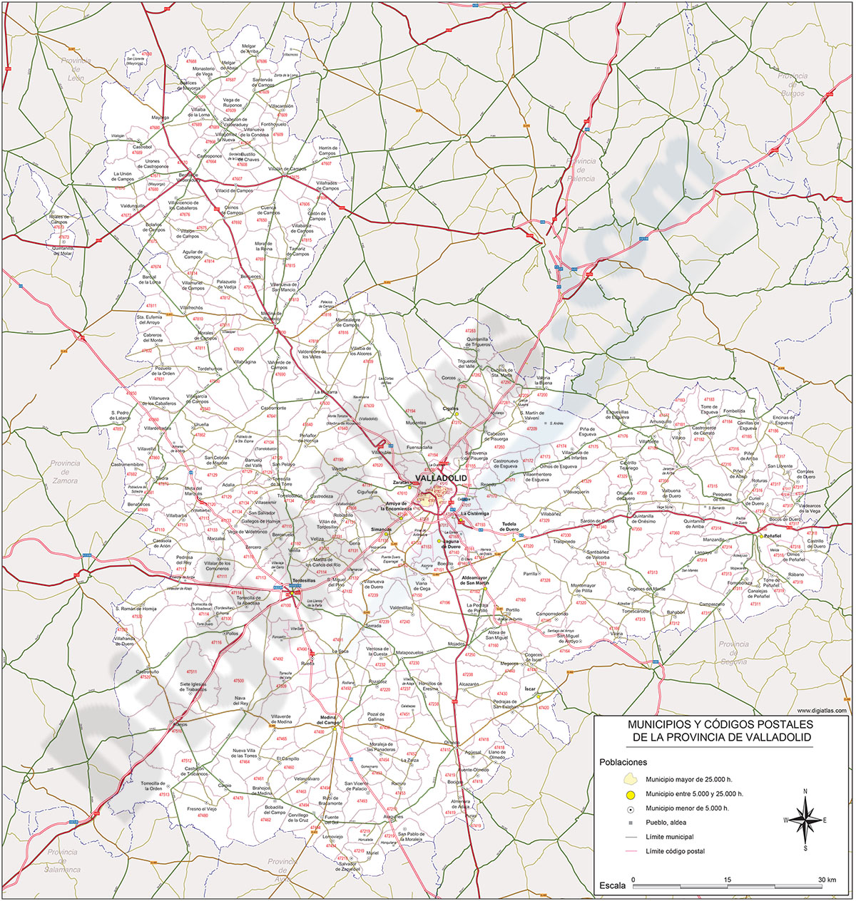 Valladolid - mapa provincial con municipios y Códigos Postales