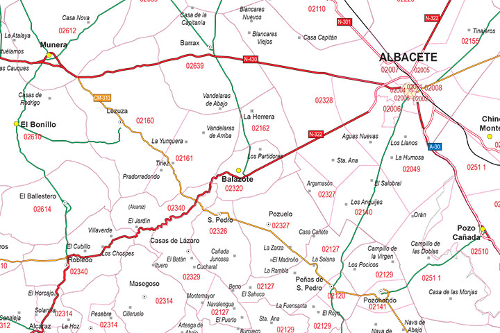 Albacete - mapa provincial con municipios y Códigos Postales