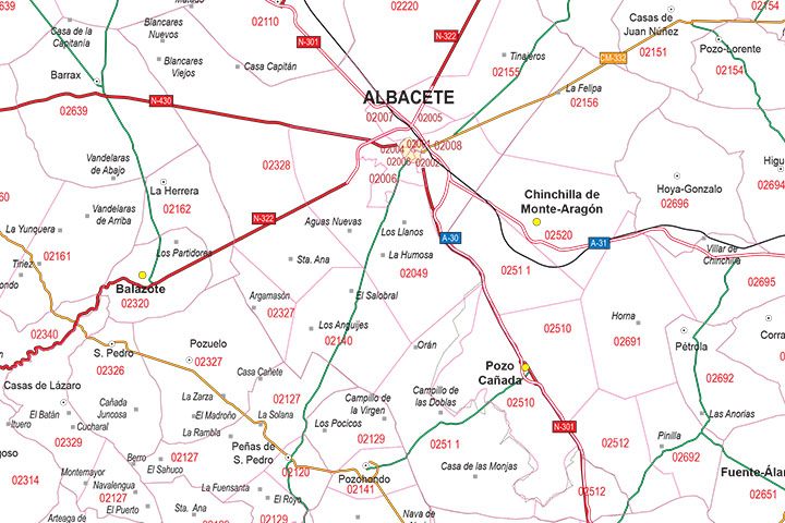 Map of Albacete province with municipalities, postal codes and major roads