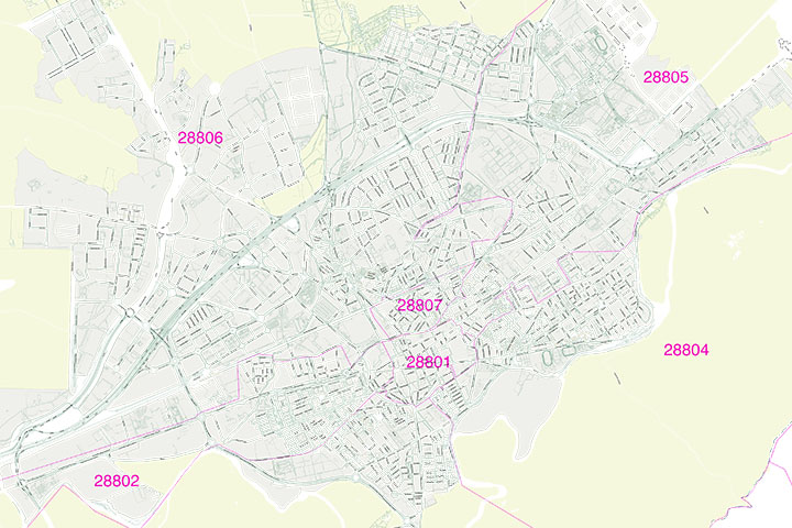 Alcala de Henares city map with postcode districts