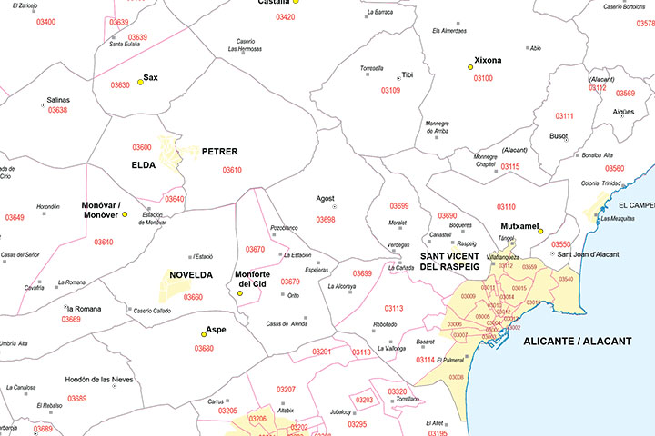 Alicante - mapa provincial con municipios y Códigos Postales