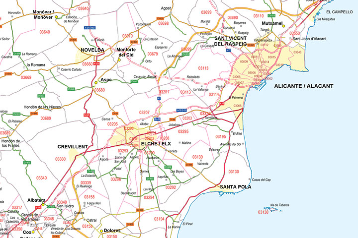 Map of Alicante with municipalities, major roads and postal codes