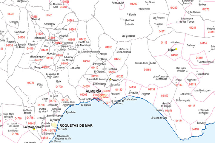 Almería - mapa provincial con municipios y Códigos Postales