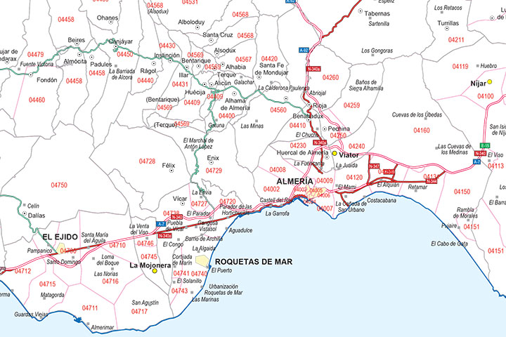 Almería - mapa provincial con municipios, Códigos Postales y carreteras
