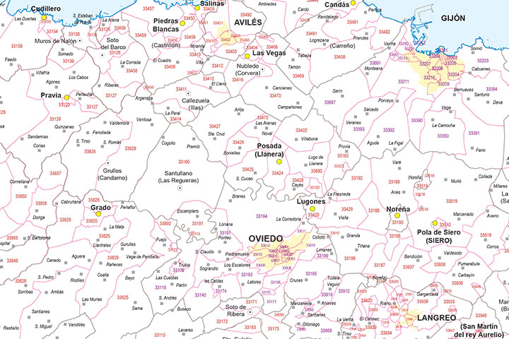 Map of Asturias autonomous community with municipalities and postal codes