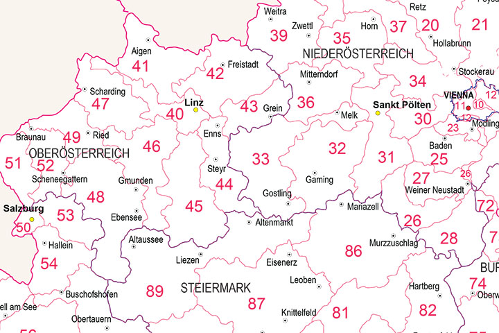 Map of Austria with regions and Postal Codes