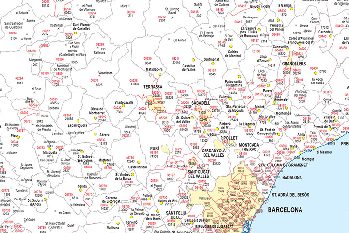 Barcelona - province map with municipalities, postal codes and inhabitants
