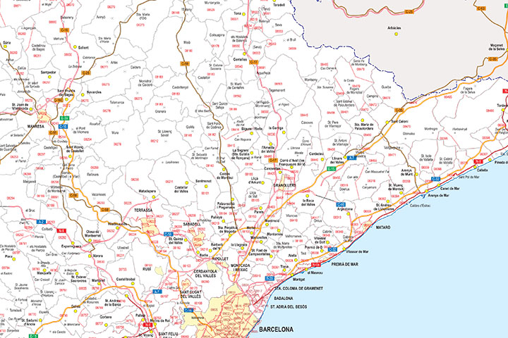 Barcelona - province map with municipalities, postal codes and roads