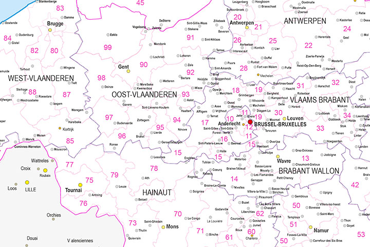 Mapa de Bélgica con regiones y codigos postales