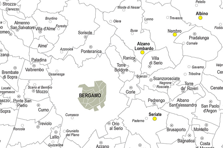 Provincia de Bergamo con municipios y poblaciones