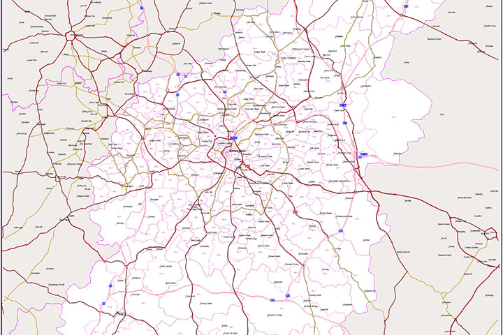 Birmingham - map of postcode area (B) with cities and major roads