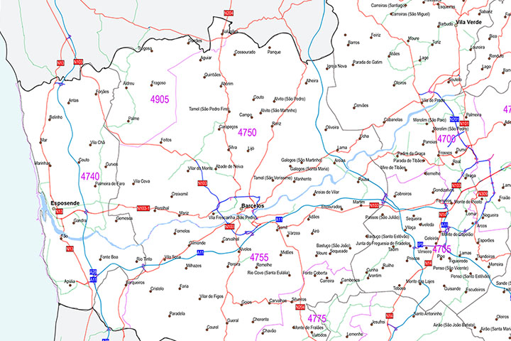 Braga - mapa de códigos postales y carreteras