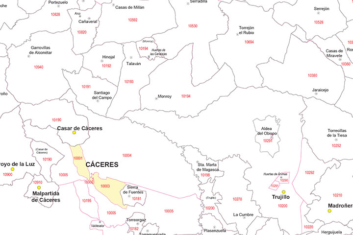 Cáceres - mapa provincial con municipios y Códigos Postales