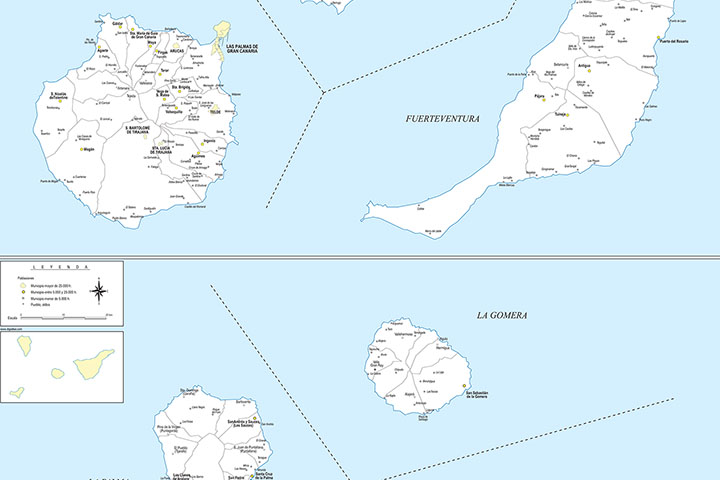 Mapa de las Islas Canarias con municipios y poblaciones