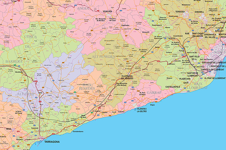 Catalonia - Map with postal codes, municipalities, comarcas and major roads