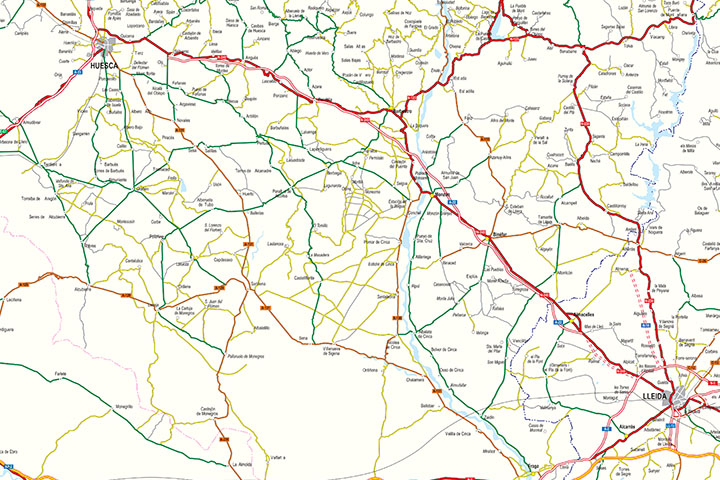 Mapa de Cataluña y Aragón con carreteras y poblaciones