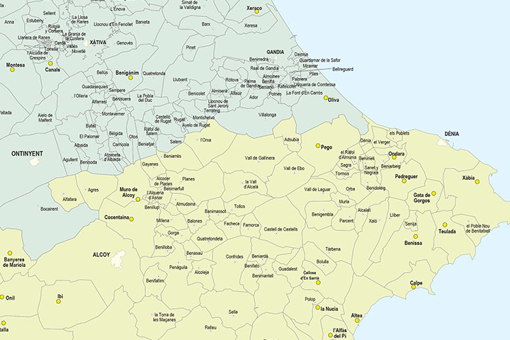 Mapa de la Comunidad Valenciana con términos municipales y poblaciones