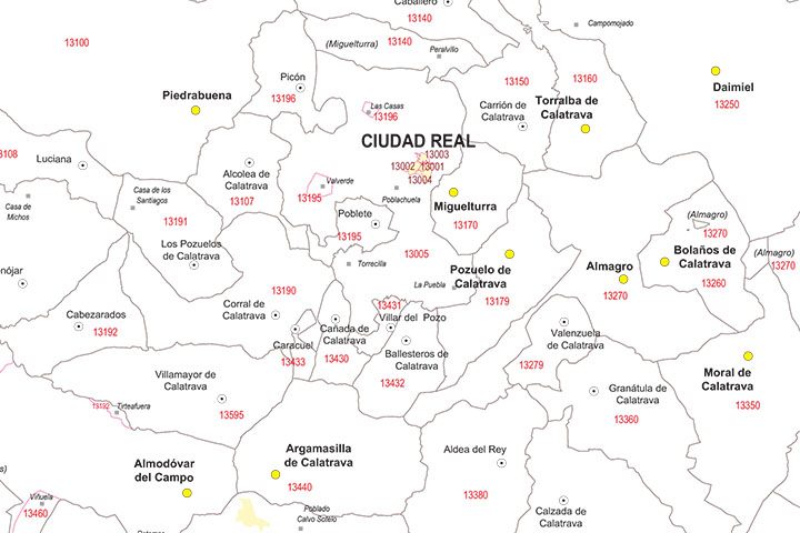 Ciudad Real - mapa provincial con municipios y Códigos Postales
