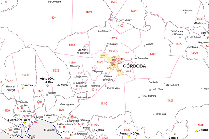 Map of Cordoba province with municipalities and postal codes