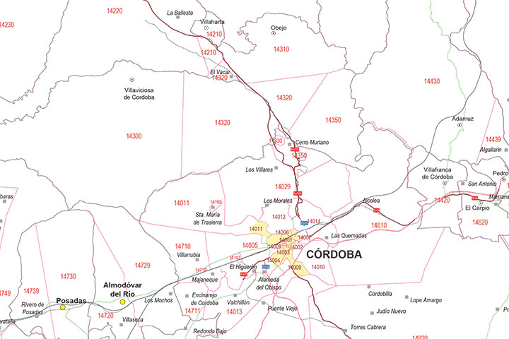 Córdoba - mapa provincial con municipios, códigos postales y carreteras