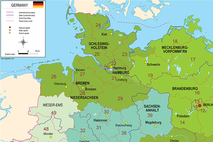  Maps of European countries with regions and Postal Codes