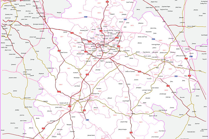 Coventry - mapa de códigos postales y carreteras