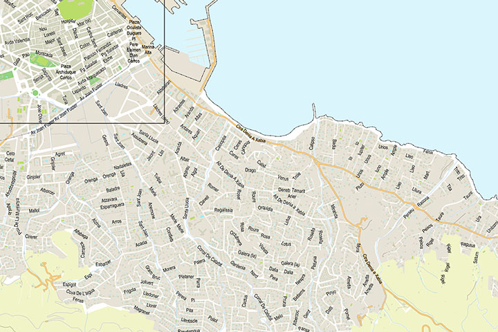 Denia - city and beaches map