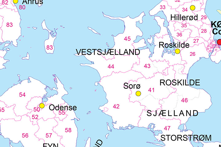 Map of Denmark with regions and 2 digit postal codes areas