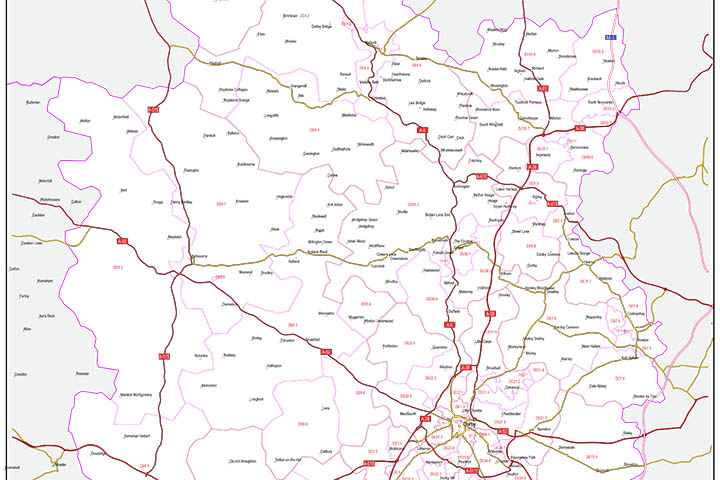 Derby - map of postcode area (DE) with cities and major roads