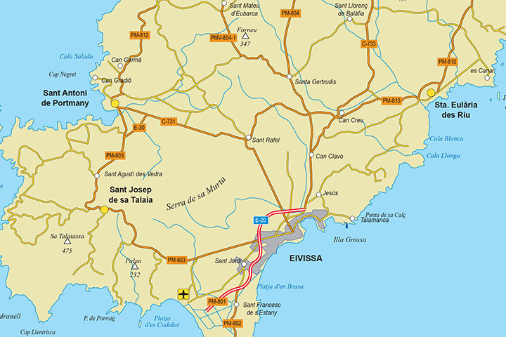 Map of Ibiza-Eivissa island (Balearic Islands)