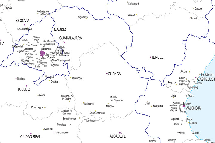 Mapa de España con ciudades de más de 25.000