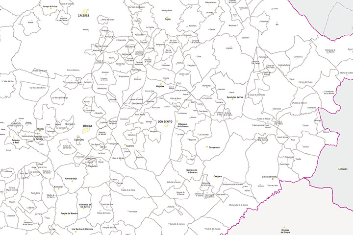 Map of Extremadura Autonomous Community with municipalities