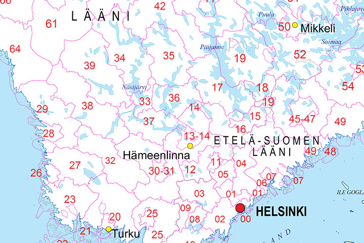 Mapa de Finlandia con regiones y codigos postales