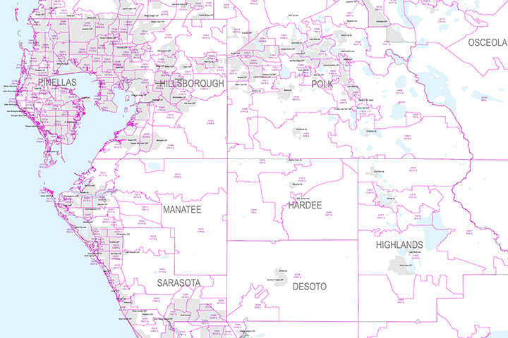 Florida - mapa de códigos postales y habitantes
