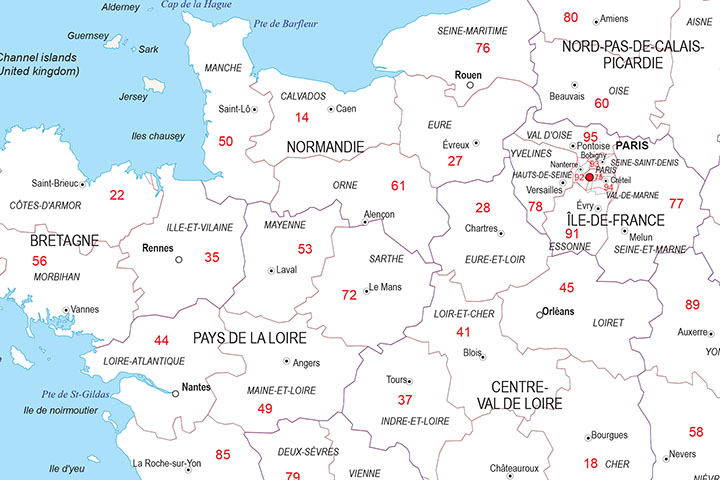 Map of France with regions and Postal Codes
