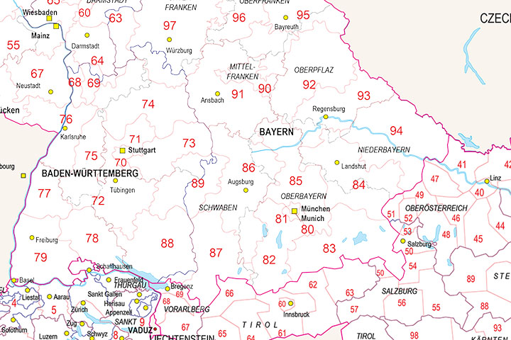 Mapa de Alemania (mas Austria y Suiza) con regiones y codigos postales