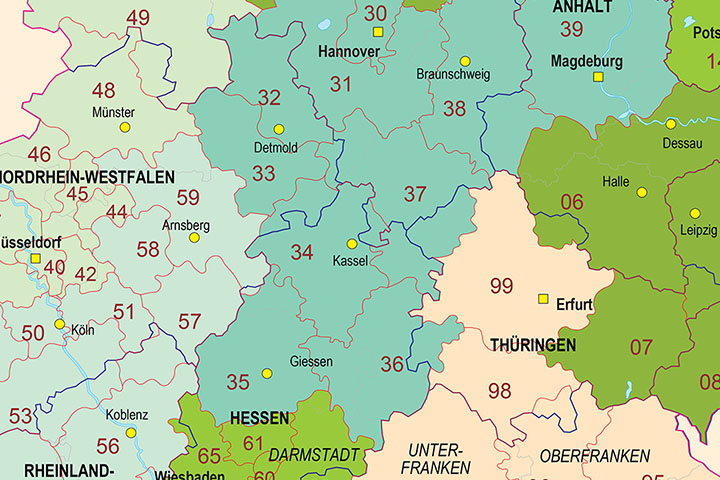 Map of Germany with regions and Postal Codes